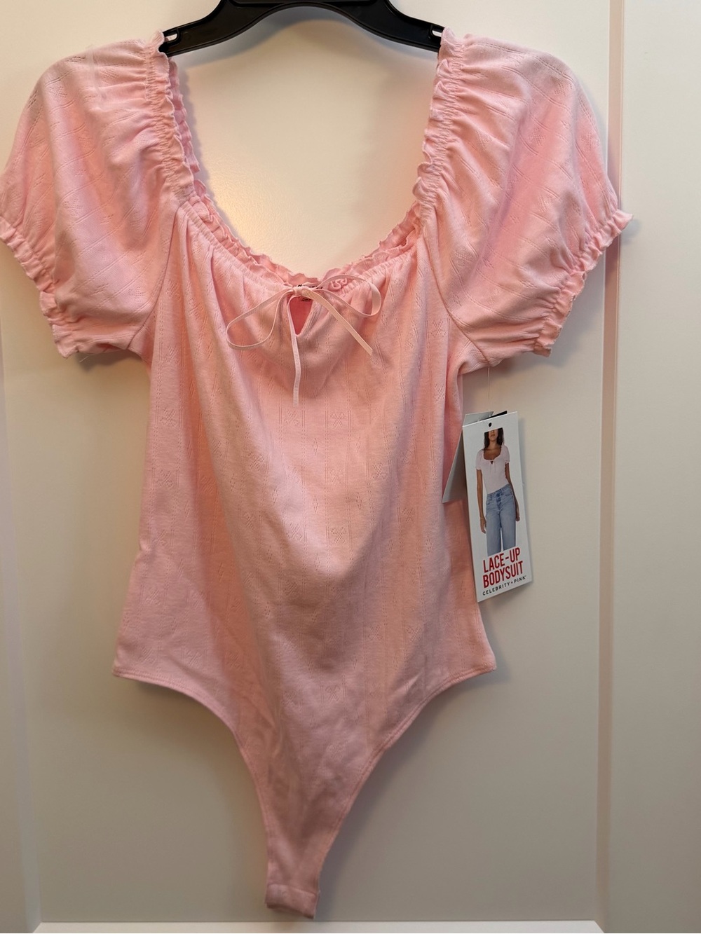 Medium Pink Lace-Up puff sleeves  Bodysuit